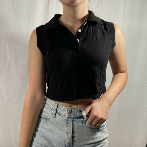 #45‎ ✨ NWT SEEK The Label Black Polo Sleeveless Crop Top - Picture 1 of 13